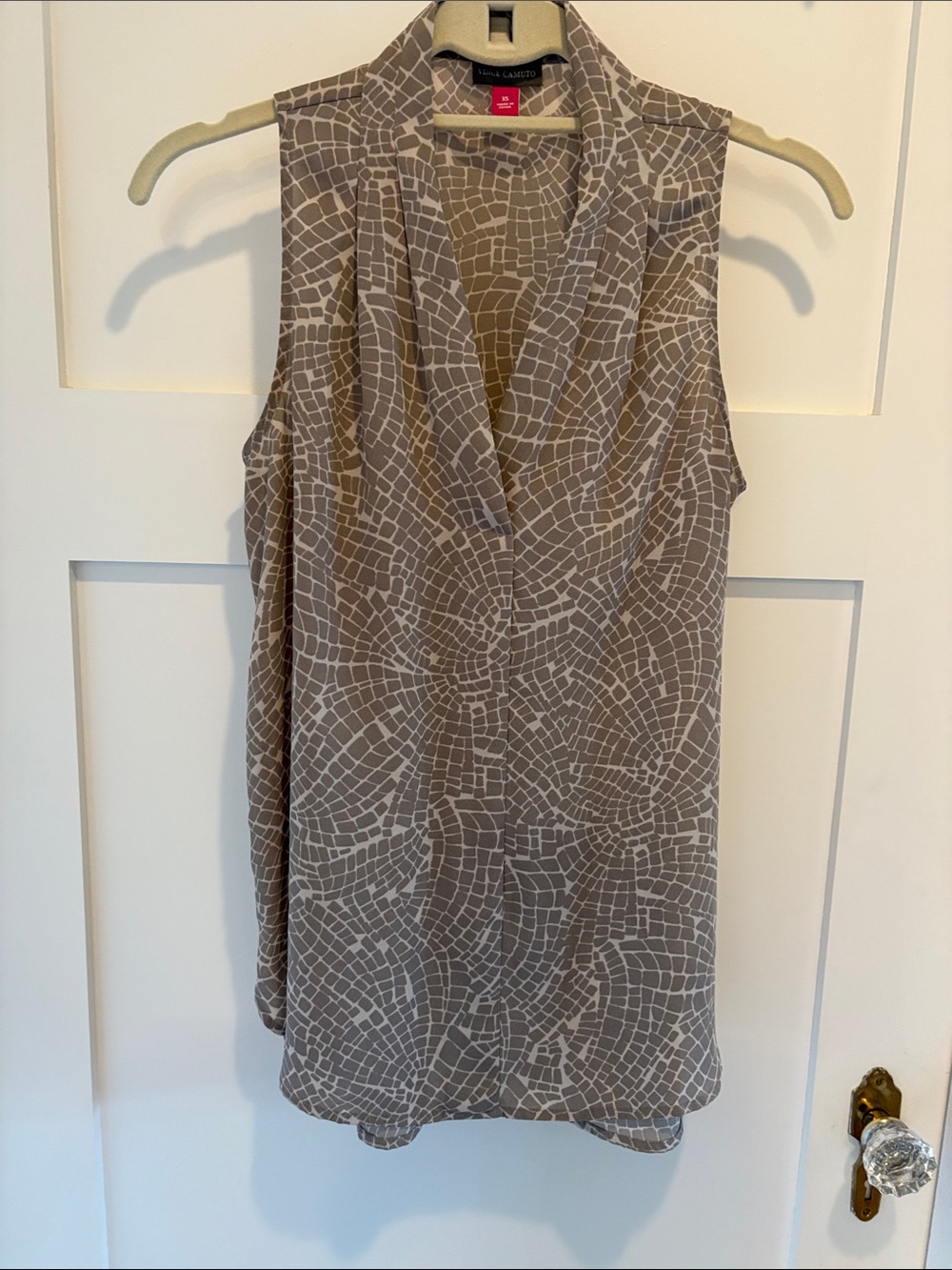Vince Camuto Taupe and White Sleeveless V-Neck Mosaic Print Top